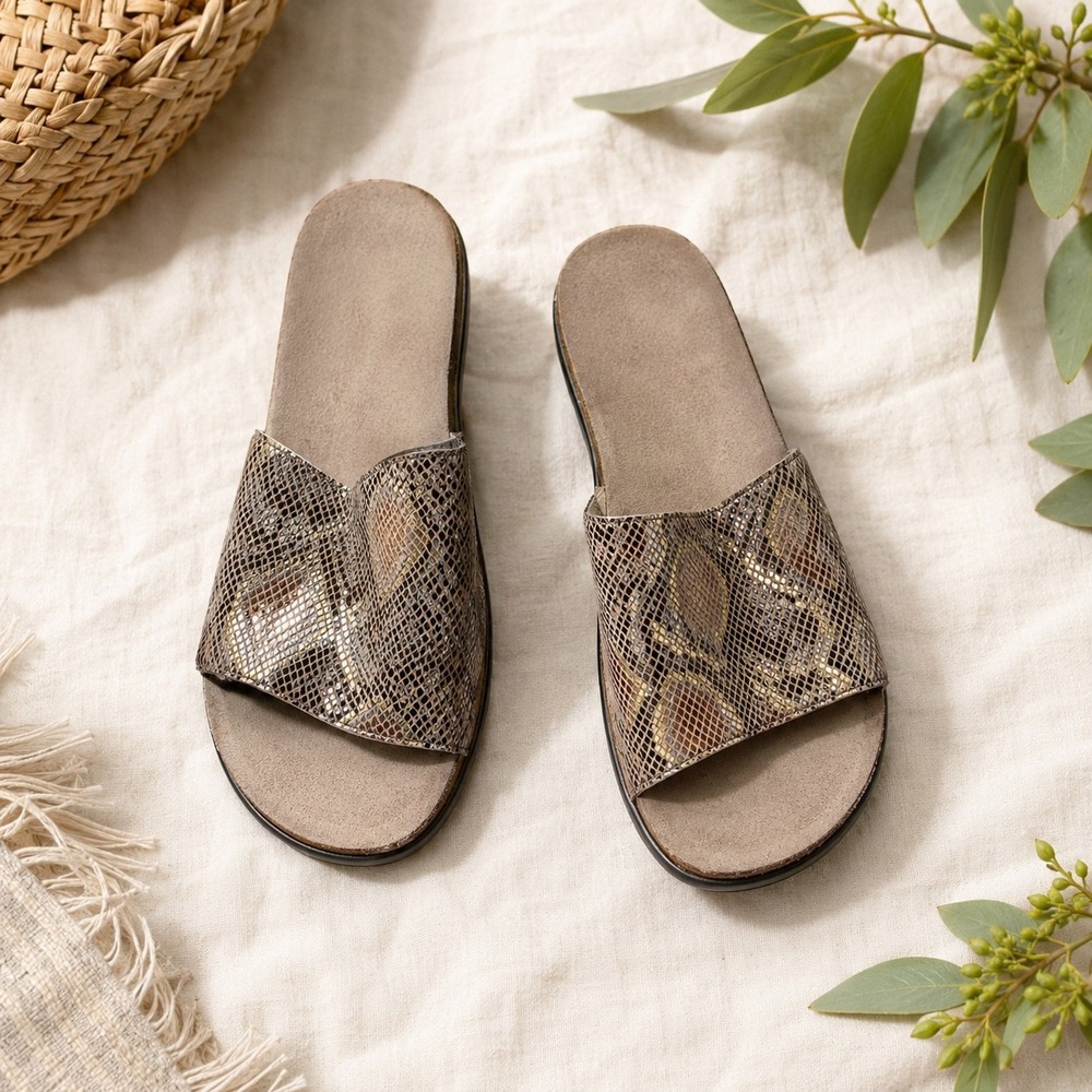 Naot Skylar Slide Sandals Womens 38 Golden Python Leather Snake Print Comfort